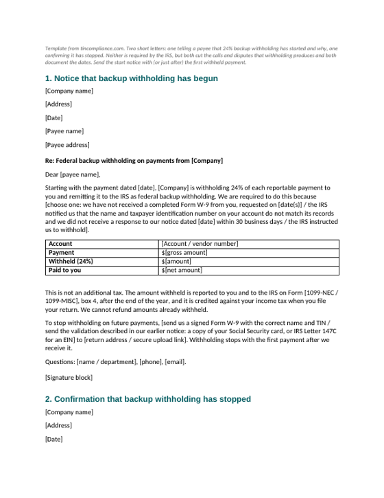 First page of the Backup withholding start and stop notices template