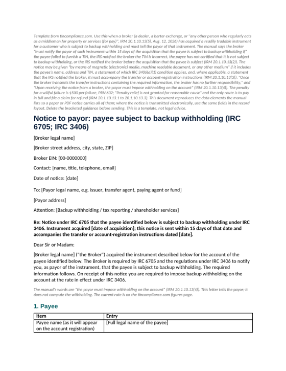 First page of the Broker-to-payor backup withholding notice (IRC 6705) template