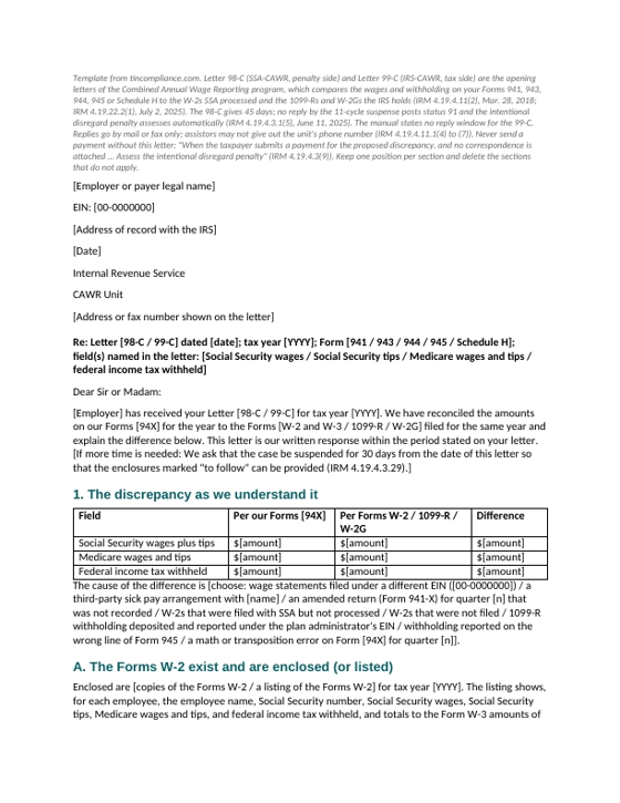 First page of the Letter 98-C / 99-C reply template