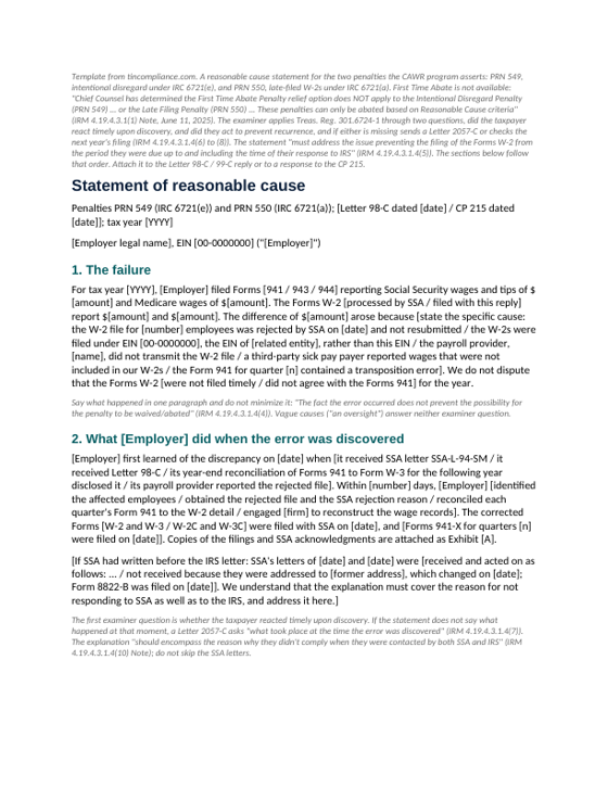 First page of the CAWR reasonable-cause statement template