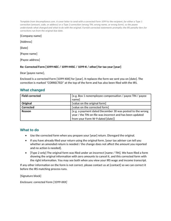 First page of the Corrected 1099 cover letter to the payee template