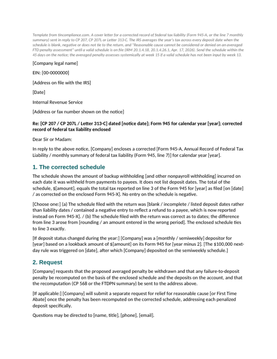 First page of the Corrected Form 945-A cover letter (reply to CP 207) template