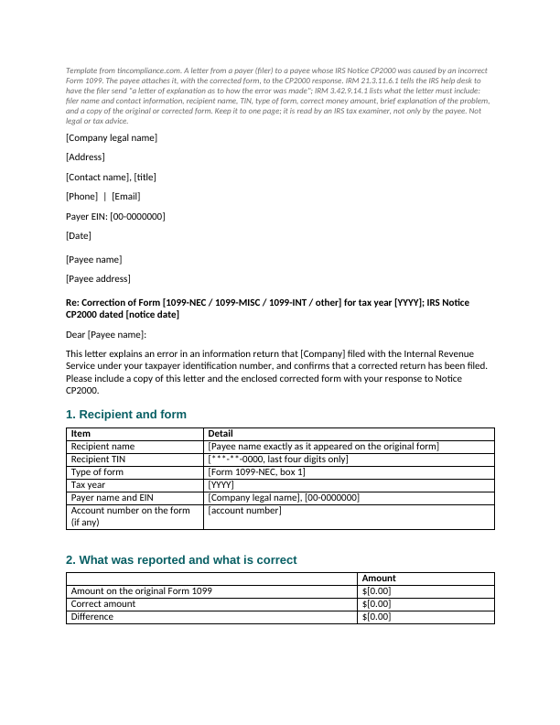 First page of the CP2000 letter of explanation to the payee template