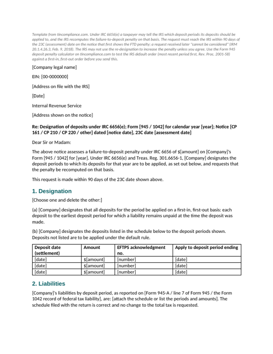 First page of the Deposit designation request under IRC 6656(e) template