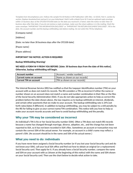 First page of the First B-Notice letter template