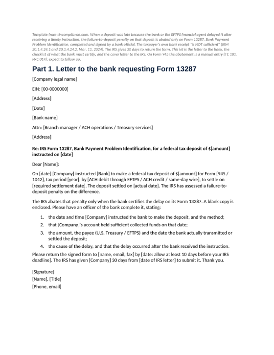 First page of the Form 13287 bank-error abatement kit template