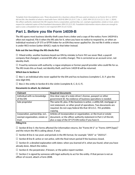First page of the Business identity theft kit: Form 14039-B checklist, officer statement, redacted-copy request template