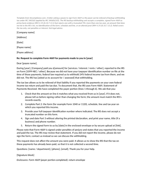 First page of the Form 4669 request letter to payees template