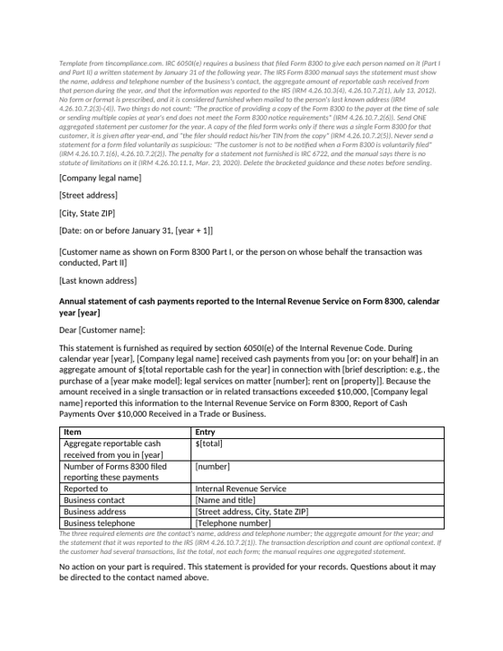 First page of the Form 8300 annual customer statement template