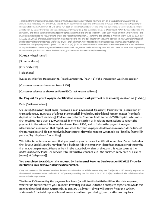First page of the Form 8300 TIN solicitation letter and log template