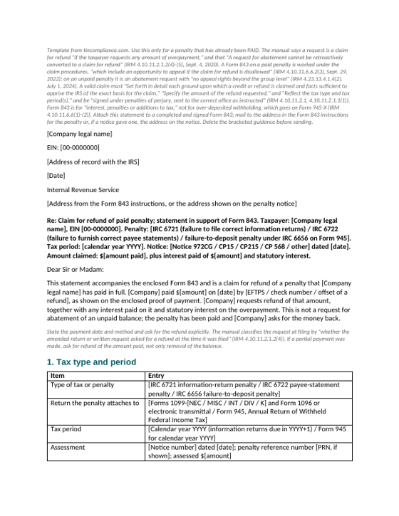 First page of the Form 843 penalty refund claim cover statement template