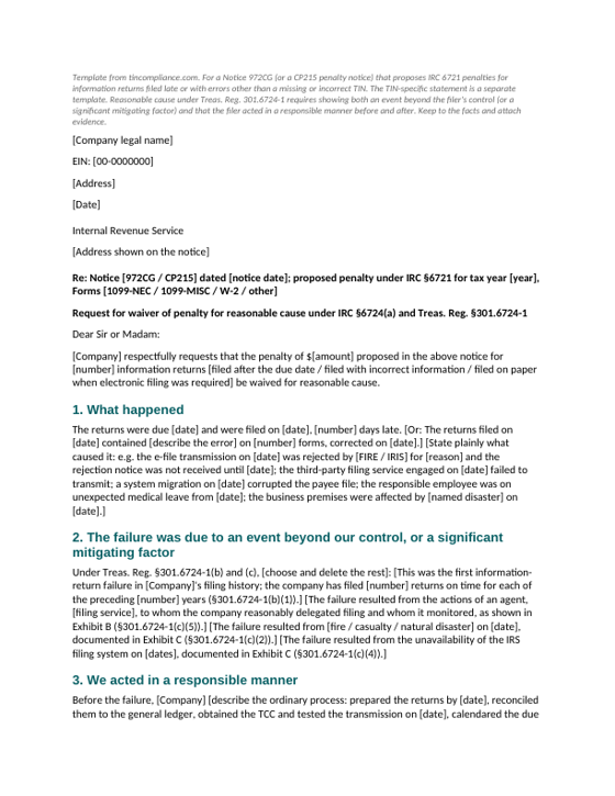 First page of the Reasonable-cause statement for late or incorrect filing template