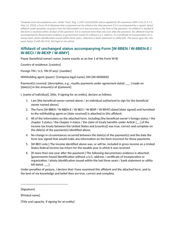 First page of the Late W-8 affidavit of unchanged status template