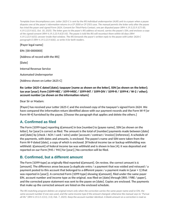 First page of the Letter 2625-C payer reply template
