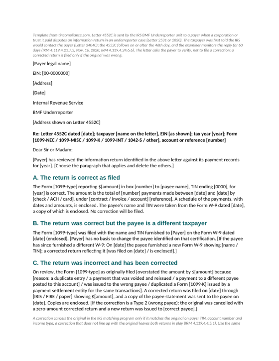 First page of the Letter 4552C payer reply (BMF Underreporter) template