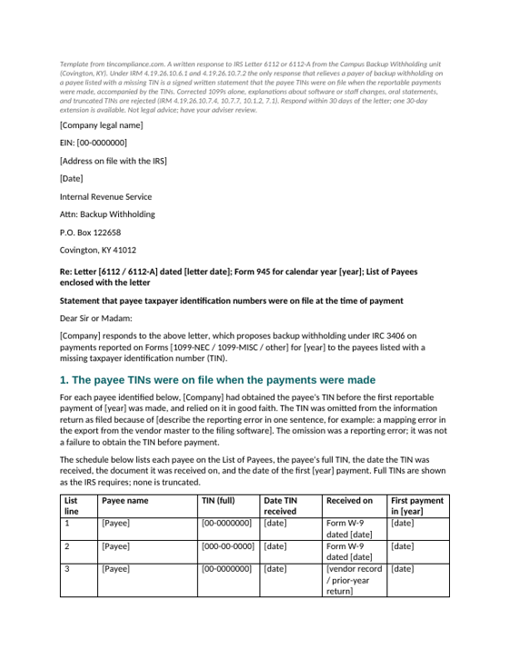 First page of the Response to Letter 6112 or 6112-A: TINs were on file at the time of payment template