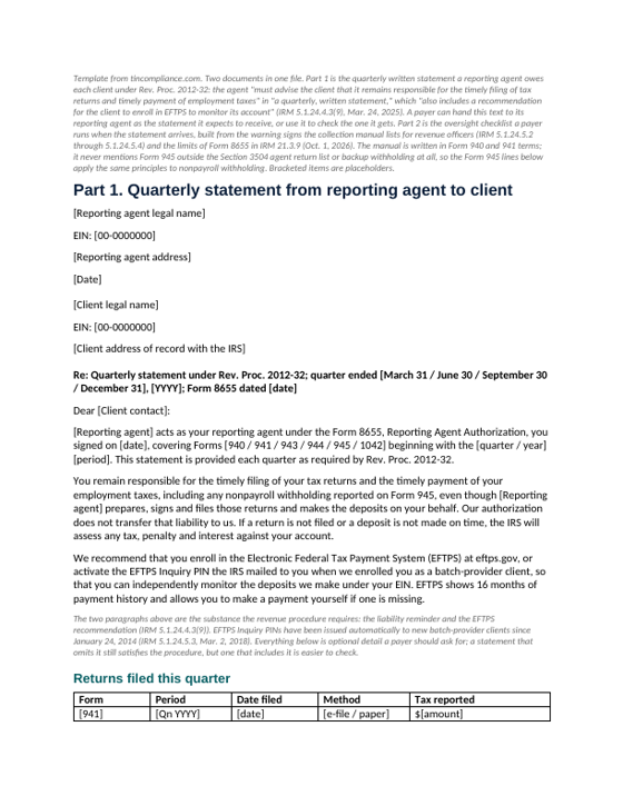 First page of the Quarterly provider statement and oversight checklist template