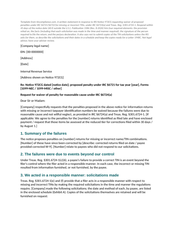 First page of the Reasonable-cause statement for Notice 972CG (missing or incorrect TINs) template