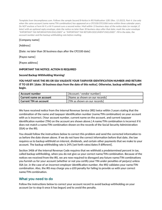 First page of the Second B-Notice letter template