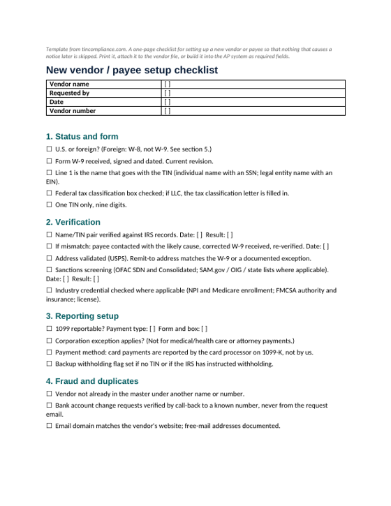 First page of the New vendor / payee setup checklist (one page) template