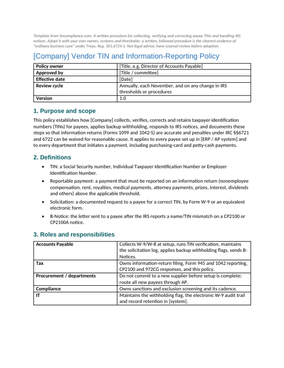 First page of the Vendor TIN & information-reporting policy template