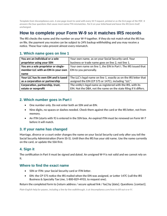 First page of the W-9 instructions insert for payees (one page) template