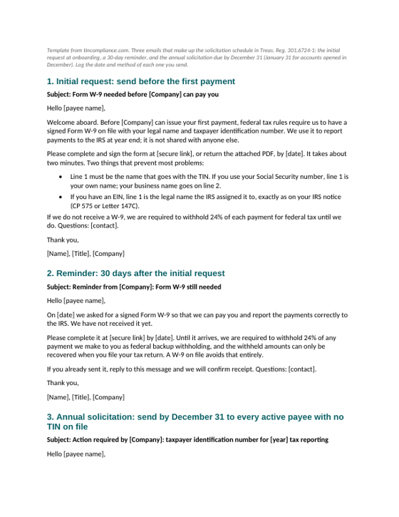 First page of the W-9 request emails (initial, reminder, annual) template