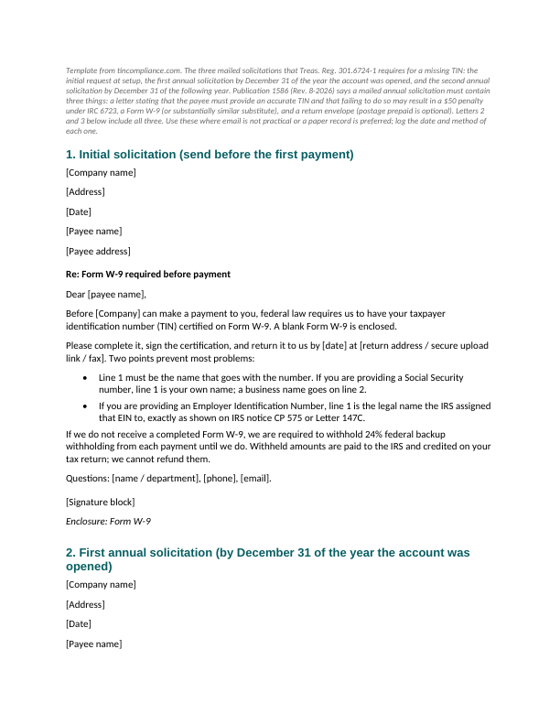 First page of the W-9 solicitation letters (initial, first annual, second annual) template