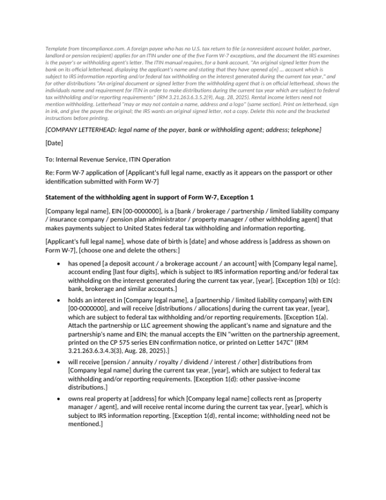 First page of the Withholding agent ITIN exception letter template